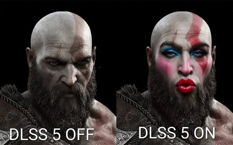 Meme comparing DLSS 5 off and on using Kratos from God of War, with AI-hallucinated makeup added.